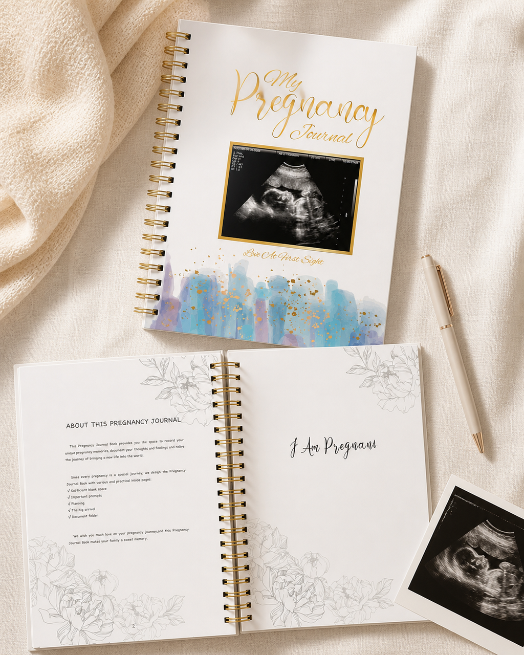 TISAYN pregnancy journal inside pages with an ultrasound photo and pen