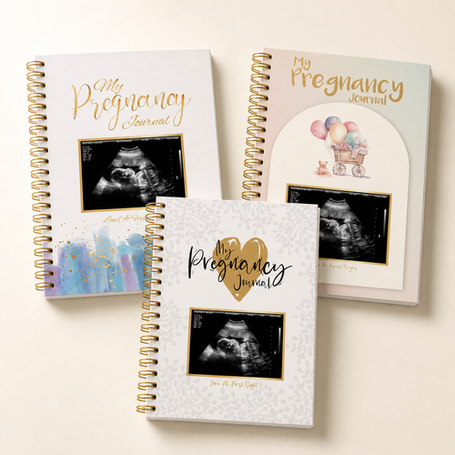 TISAYN pregnancy journals in Blue, Baby Carriage and Gold Heart cover designs
