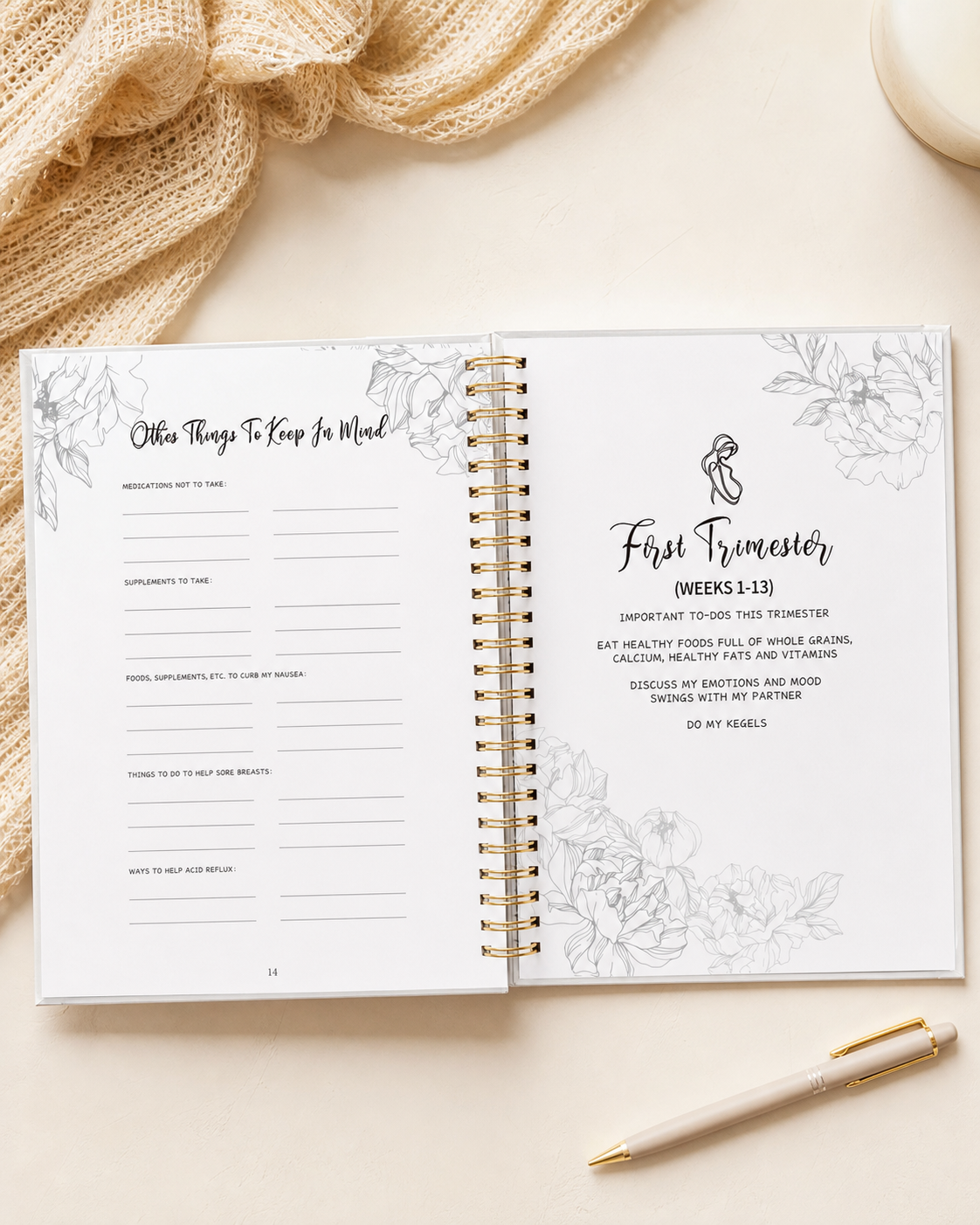 First trimester checklist pages inside the TISAYN pregnancy journal